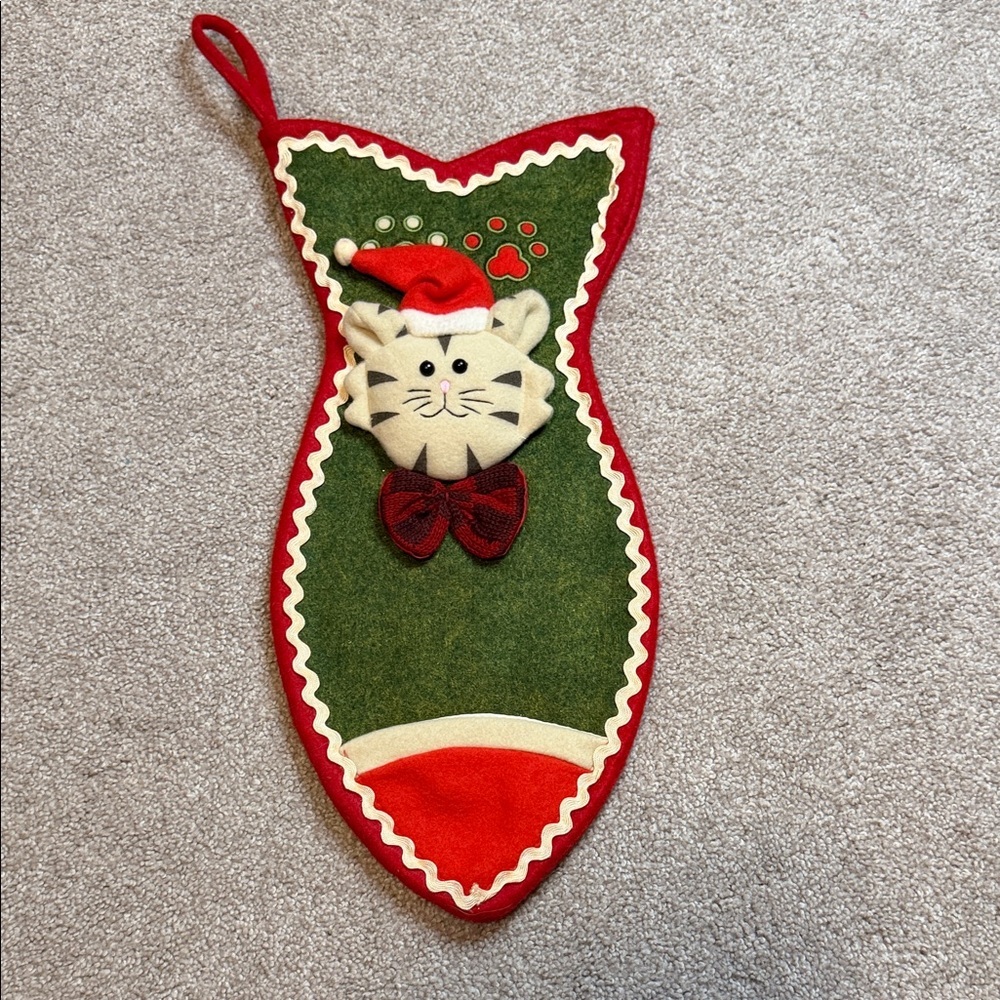 Festive Cat Christmas Stocking - Red and Green